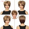 MIMAN Short Brown Pixie Cut Wig Short Hair Wigs with Bangs Mixed Blonde Highlight Layered Fluffy Synthetic Hair Replacement Wig for Women Halloween Costumes Wigs