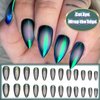 24Pcs Cat Eye Press on Nails with Wrap the Edge Design, Cat Eye Manicure Art Acrylic Medium Almond Full Cover Fake Nails Stick on Nails Glossy Green Cat Eye False Nails Gel Glue on Nails for Women