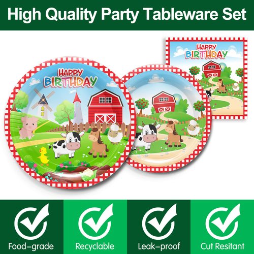 Piooluialy Farm Birthday Party Supplies Tableware Set - Farm Animal Party Decorations Include Dinner Plates, Cups, Napkins, Cutlery, Farm House Animal Barnyard Theme Party Supplies | Serves 24