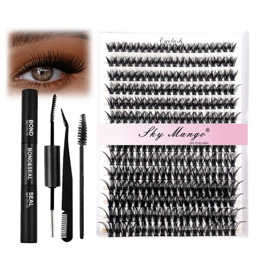 SKY MANGO Clusters Eyelash Extensions 280pcs Individual Lashes Cluster Natural 40D 8-16mm DIY lash Extension Kit with Lash Bond and Seal and Lash Tweezers and Lash Brush for Self Application at Home