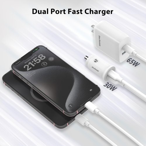 Qackenm 65W USB C Dual Port Fast Wall Charger Block, Car Charger Fast Charging + 2pcs 6.6FT Cable + 60W Dual USB C Car Lighter Charger for iPhone 16/15/15 Plus/15 Pro, iPad Pro/Air/Mini, Pixel 8/7/6