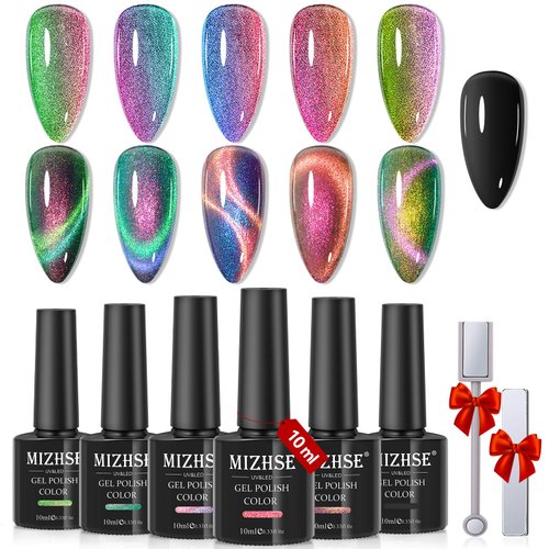 MIZHSE 9D Cat Eye Gel Nail Polish: Magnetic Gel Polish Set 10 ml 6 Colors with 2 Magnet Sticks, C...