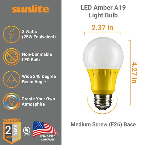 Sunlite 40455 LED A19 Colored Light Bulb, 3 Watts (25w Equivalent), E26 Medium Base, Non-Dimmable, UL Listed, Party Decoration, Holiday Lighting, 3 Count, Amber