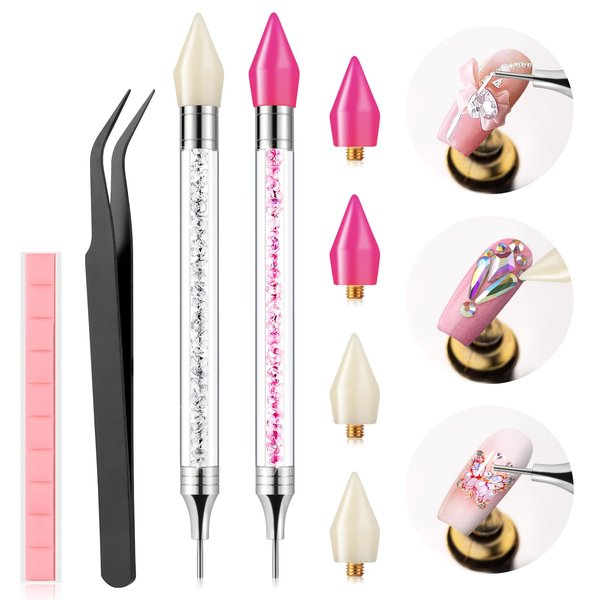 Eudaicful Rhinestone Picker Tool Kit: 2Pcs Rhinestone Picker, Dual-Ended Rhinestones Applicator Dotting Pen with 4 Upgraded Gem-Shape Wax Tips, Tweezer, Clay for DIY Nail Art Salon Home