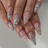BABALAL Almond Press on Nails Medium Fake Nails White French Tip Glue on Nails 3d Texture Water Wave Acrylic Nails Cute Ball Sliver Chrome Heart Design 24Pcs Stiletto Manicure False Nails