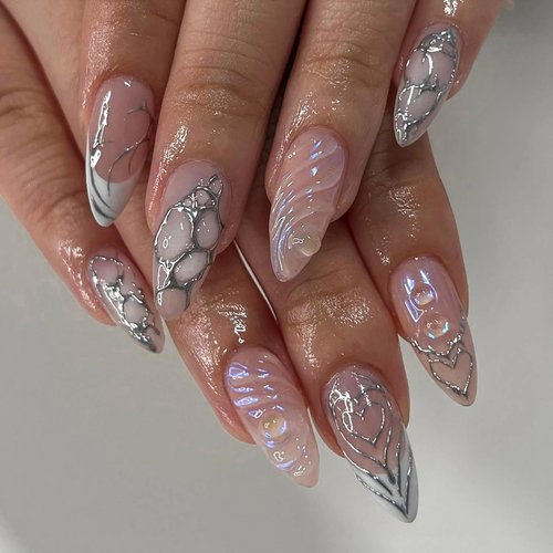 BABALAL Almond Press on Nails Medium Fake Nails White French Tip Glue on Nails 3d Texture Water Wave Acrylic Nails Cute Ball Sliver Chrome Heart Design 24Pcs Stiletto Manicure False Nails