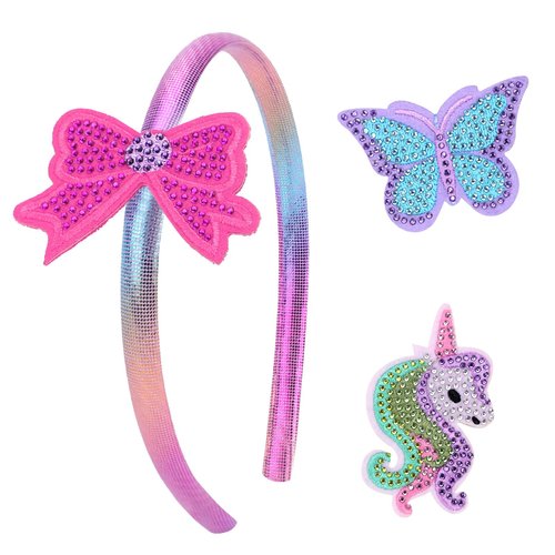 LUCKYBUNNY Cute Headband Hair Clips for Girls, Toddler Kids Headband with Interchangeable Unicorn Butterfly Bow Clips, Easy to Change Out The Charms, Sparkly Hair Accessories Hair Bands