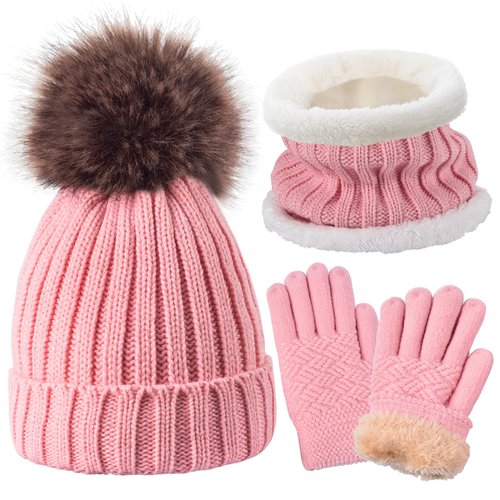 Kids Winter Knit Beanie Hat Scarf and Gloves Set for Girls Boys Warm Thick Fleece Lined Thermal Pink Skull Cap Mittens Infinity Scarf Neck Warmer with Pompom for 6-10 Years Old Baby Toddler Children