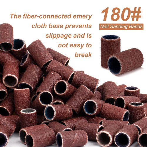 Rolybag Sanding Bands for Nail Drill,180 Grit Nail Sanding Bands with Storage Box,Include 100 Brown Fine Grinding Wheel Sand Bands and 2 Pieces Mandrel for Most Size 3/32" Nail Drill Machine