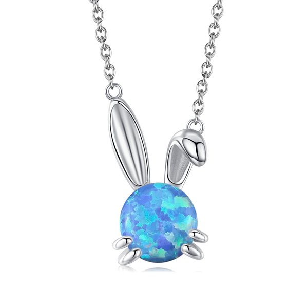 JUSTKIDSTOY Bunny Necklace Sterling Silver Cute Rabbit Necklace Blue Opal Bunny Pendant Necklace Jewelry Gift for Women Daughter Rabbit Lover