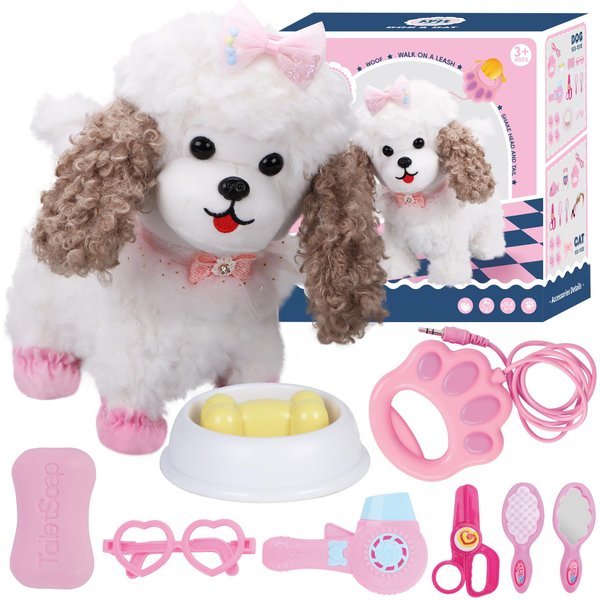 Interactive Walking Toy Dog for Kids - Electronic Dog Toy Puppy Plush Stuffed Animal with Remote Control Leash, Pet Care Pretend Play Groom & Feed Toys, Birthday Gift for Boys Girls 3 4 5 6 Year Old