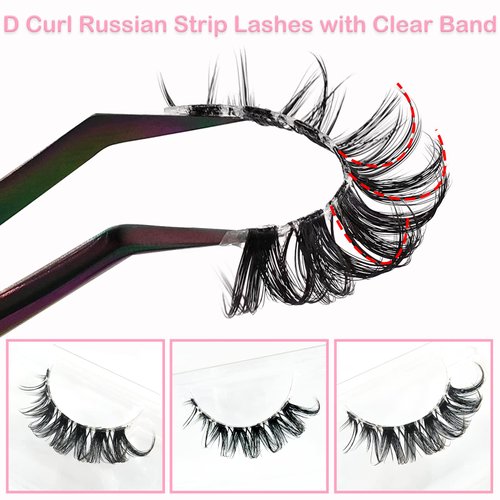 20 Pairs Russian Strip Lashes with Clear Band, D Curl Lash Strips that Looks Like Eyelash Extensions, Cat-Eye Lashes Natural Look Wispy False Eyelashes 4 Styles Volume Curly Lashes Pack by Heracks