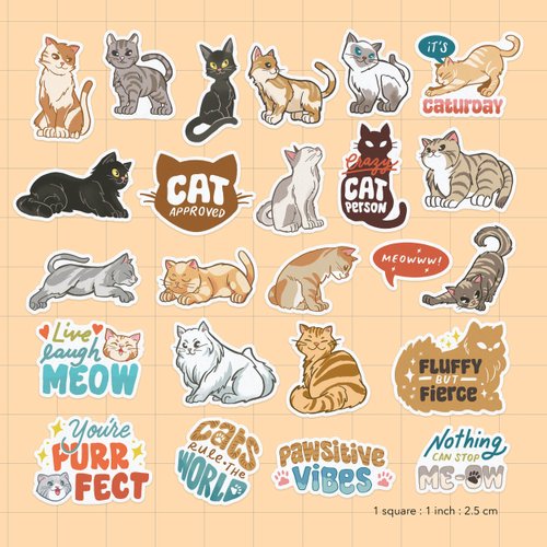 Navy Peony Curious Cat Stickers (24pcs)-Cute, Waterproof Cat Quotes Decals for Pet Lovers, Adults, Teens, Kids, Laptop, Water Bottles, Party Favors