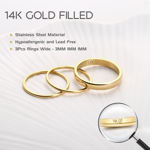 Jstyle 14K Gold Filled Rings for Women Stacking Rings Stackable Thin Gold Rings Simple Plain Pinky Thumb Statement Band Ring Comfort Fit 3Pcs 1mm 3mm Size 7