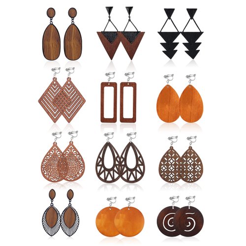 PATISORNA 12 Pairs Wooden Clip on Earrings for Women African Natural Wooden Dangle Earrings Lightweight Drop Earrings Ethnic Statement Drop Earrings Set Style A