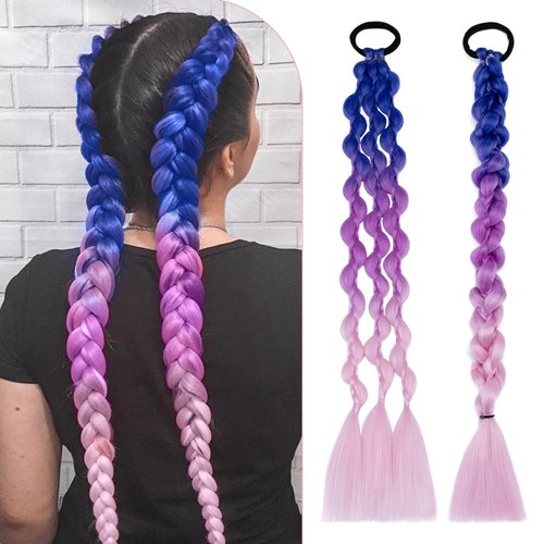 Benehair Colored Braids Hair Extensions with Rubber Bands, Rainbow Braided Synthetic Hairpieces 2pcs/Pack Ombre Braiding Hair Pre Stretched Colored Hair Extensions for Braiding Ponytail Hair Accessories for Women Kids Girls Party Dress Up Highlight 24 Inc