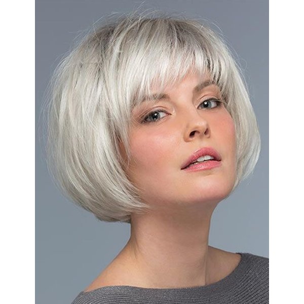 TISHINING Short Ombre White Blonde Bob Wigs for White Women with Bangs Chin Length Layered Mixed Blonde Cute Straight Pixie Bob Wig Synthetic Natural Looking Daily Party Wig