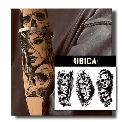 UBICA Temporary Tattoos Adult, 2 Sheets Fake Tattoos, Realistic And Long-Lasting Non-Reflective, Waterproof For 1-2 Weeks, skull girl Tattoos 4.7x6.8in