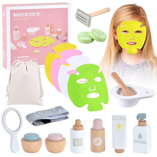 Ehome Wooden Makeup Toy Set for Toddler Pretend Play Skin Care Beauty Salon Set Wood Learning Toys, Play Spa Set with Face Mask Christmas Birthday Gifts for 3-8 Years Old, White