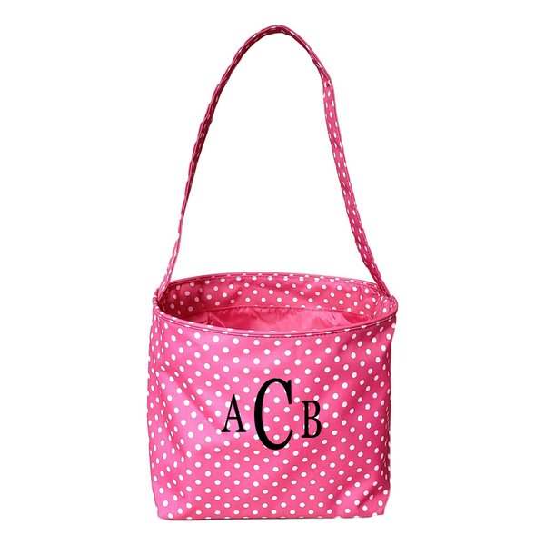SONA G DESIGNS Fabric Bucket Basket Tote Bag - Children's Toys - Easter - Baby - Can Be Personalized (Pink with White Small Dots - Monogram)