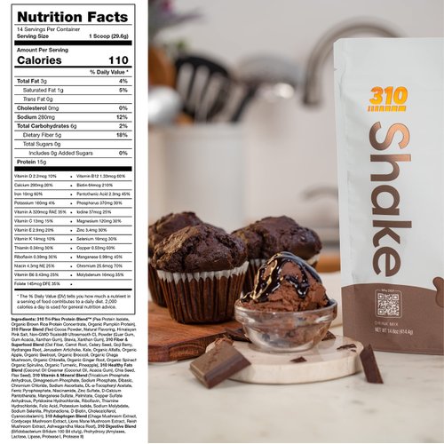 310 Nutrition – All-In-One Meal Replacement Shake with Shaker Cup - New Formula with Fiber Rich Vegan Superfood Blend - Natural Sweeteners - Low Carb Shake, Keto & Paleo Friendly - Gluten Free - 26 Essential Vitamins & Minerals -Chocolate Bliss - 14 Servi