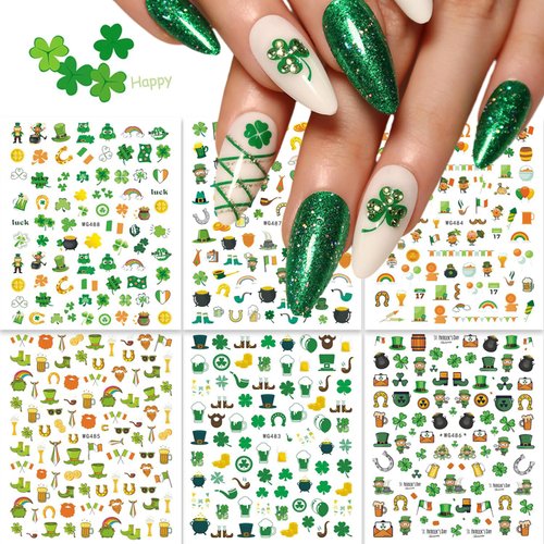 St. Patrick's Day Nail Art Stickers Decals Green Shamrock Nail Stickers Lucky Clover Hat Nail Decals Self-Adhesive Design Nail Decoration for Women DIY Charm Manicure