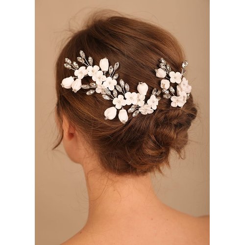 Denifery 3PCS Bride White Flower Wedding Hair Pins Clips Rhinestone Silver Bridal Hair Piece Accessories for Women and Girls (Rose Gold)