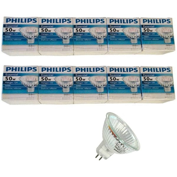 Philips Halogen Light Bulbs, Landscape Indoor Outdoor Flood, Dimmable 50w Mr16 12v 2 Pin Gu5.3 Base - 10 Packs Bundle with Osram Halogen 50w - 1 Pack