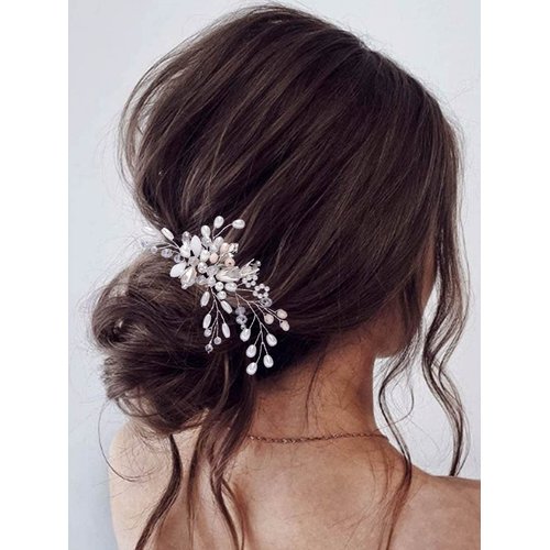Latious Silver Pearl Bride Wedding Hair Comb Crystal Bridal Side Comb Flower Hair Piece Leaf Hair Accessories for Women and Brides