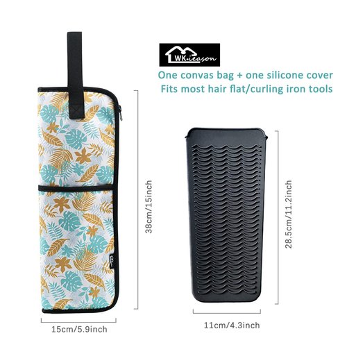 2 Pieces Hair Flat Iron Case Holder Canvas Bag Heat Resistant Curling Iron Silicone Straightener Holder Mat for Hair Tools Curling Iron Organizer Bag (Black check)