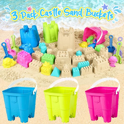 KUBUSFLY Beach Toys for Toddlers, Sand Castle Toys with 3 Sand Bucket, 6 Sand Shovels, Mesh Bag & Sand Molds Travel Sand Toys for Beach Sandbox Toys for Toddlers Kids Baby Boys Girls Age 3-10