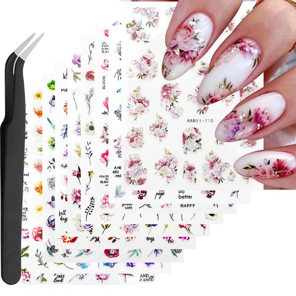 VOTACOS 9 Sheets Flower Nail Art Stickers Charming Daisy Nail Decals Spring Nail Stickers for Nail Art Summer Perfect Nail Accessories 3D Self-Adhesive Design Nail Decoration for Women