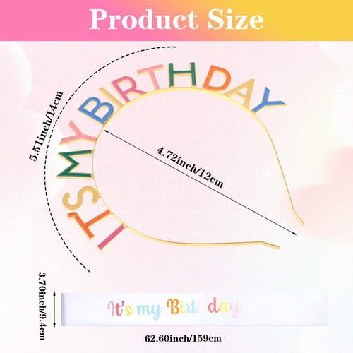 WY LIGHTING LEVEL Rainbow Happy Birthday Headband It's My Birthday Tiara Sash Crown Headpiece Set Princess Birthday Crown Decorations Women for Girl Halloween Christmas Party Accessories