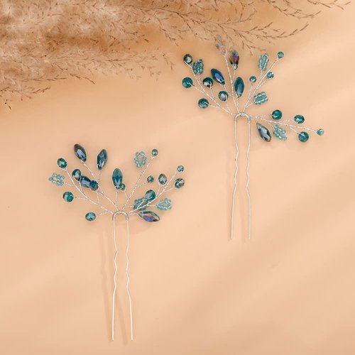 Teyglen 2pcs Crystal Bride Wedding Hair Pins Blue Rhinestones Beads Hair Pins Set Bridal Hair Accessories Gold Silver Purple Red Rhinestones Hair Pieces for Women Girls (Lake Blue)