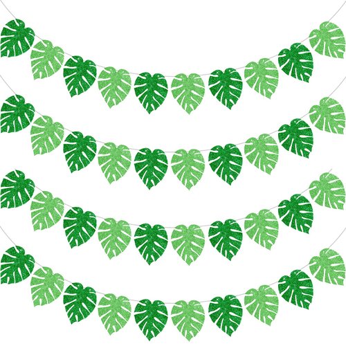 Sumind 4 Pieces Hawaiian Luau Party Decorations Palm Leaf Garland Banner Tropical Party Decorations Glitter Green Leaves Banner for Party Birthday Summer Beach Supplies