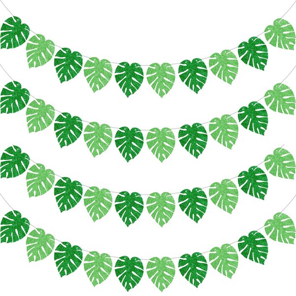 Sumind 4 Pieces Hawaiian Luau Party Decorations Palm Leaf Garland Banner Tropical Party Decorations Glitter Green Leaves Banner for Party Birthday Summer Beach Supplies