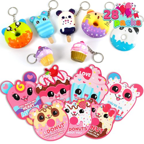 JOYIN 28 Packs Dessert squishy toys Stress Relief Keychains with Cards for Classroom Exchange Prizes, Fidget Toy Valentine’s Greeting Cards, Valentine Party Favors, Valentine Exchange Gifts