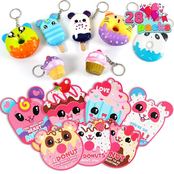 JOYIN 28 Packs Dessert squishy toys Stress Relief Keychains with Cards for Classroom Exchange Prizes, Fidget Toy Valentine’s Greeting Cards, Valentine Party Favors, Valentine Exchange Gifts