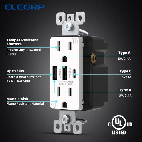 ELEGRP 3-Port USB C Wall Outlet, 30W 6.0A Electrical Outlet, Tamper-Resistant with USB C Ports, UL Listed, Screwless Wall Plate, Matte White