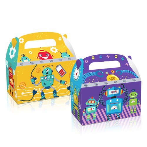 12 Pack Robot Party Treat Boxes Robot Theme Party Favor Treat Box Robot Wrench Antenna Pattern Cardboard Boxes with Handle for Baby shower Birthday Party Decorations Supplies