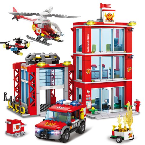 MKmimo City Fire Station Building Kit, Compatible with Lego Fire Rescue Building Blocks, Includes Fire Station, Fire Truck, Fire Helicopter and Drone Toy Set Gift for Kids Boys Girls Age 6-12（784 PCS）