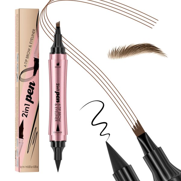 Microblading Eyebrow Pencil, 2-in-1 Dual-Ended Eyebrow Pen and Eyeliner with 4 Forks, Precise and Slim eye brow pencils for women brown, Natural,Long-lasting, Waterproof Eyebrow Pencil (Light Brown)