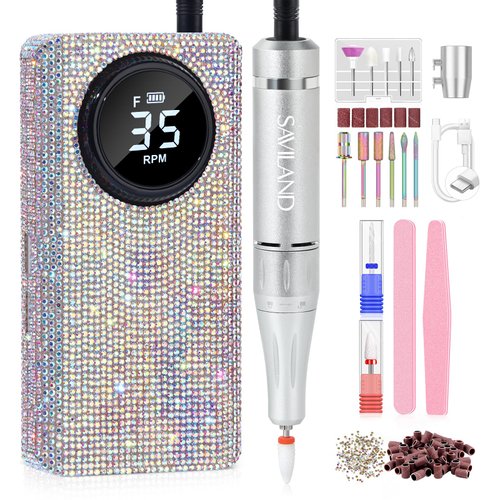SAVILAND Professionl Nail Drill Kit: Diamond Shiny | 35000RPM Electric Nail Drill Machine | Nail Drill Kit Professional Drill Bits Drill Nail File Buffer Dust Brush Expert Salon Use Manicure Pedicure
