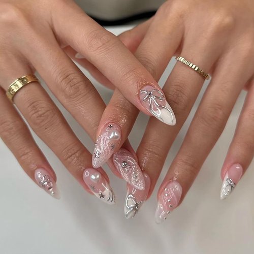 24Pcs French Tip Press on Nails Medium Almond GRITOSE Acrylic Fake Nails with 3D Bow Heart Charms Designs Stiletto Nail Tips Cute Nude Pink False Nails Full Cover Stick on Nails for Women Girls