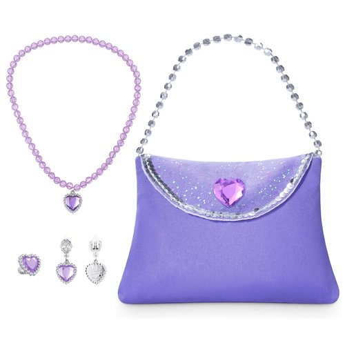 Topney Little Girls Princess Costume Accessories Set - with Princess Dress Up Handbag, Necklaces, Rings, Earrings (Purple Heat)