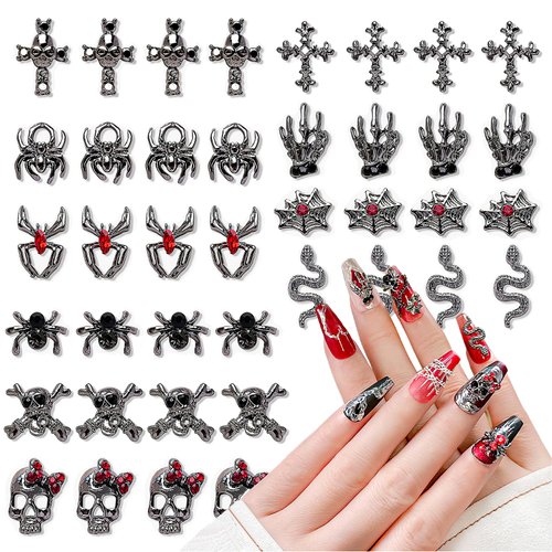 CHANGAR 40 Pcs 3D Halloween Nail Art Charms Vintage Punk Alloy Nail Charms Skull Ghost Bat Spider with Rhinestones Alloy Nail Art Jewelry for Halloween DIY Nail Art Craft Decoration Supplies