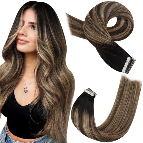 Moresoo Ombre Tape in Hair Extensions Black Hair Extensions Tape in Ombre Human Hair Balayage Off Black to Brown Mix with Blonde Hair Tape in Extensions 20 Inch #1B/4/14 20pcs 50g