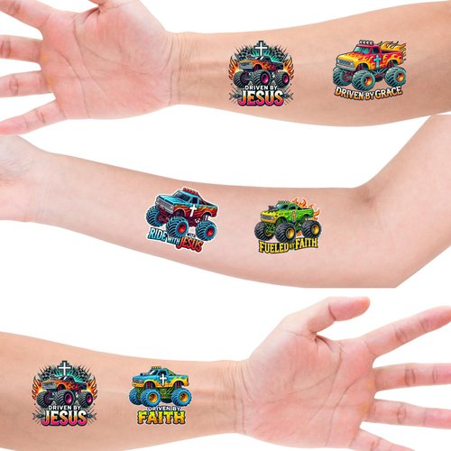 Christian-Themed Monster Truck Temporary Tattoos – 1.5” Faith-Inspired Designs for Boys – Fun Party Favors & Gifts