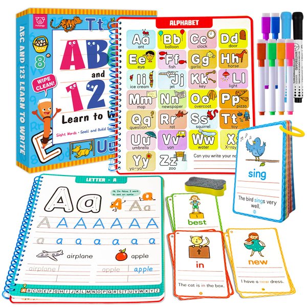 Hulupiggy Preschool Learning Activities Number Letter Tracing Book for Kids, Pre Kindergarten Workbook Sight Words Montessori Educational Alphabet Learning Toys for Toddlers 3 4 5 6 Years Old