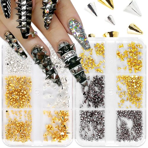 SILPECWEE 2 Boxes Punk Cone Spike Nail Studs 3D Goth Nail Charms Jewels Gold Silver Black Alloy Nail Rivets Beads Tiny Stick Nail Art Decoration for Nails Crafts Supplies